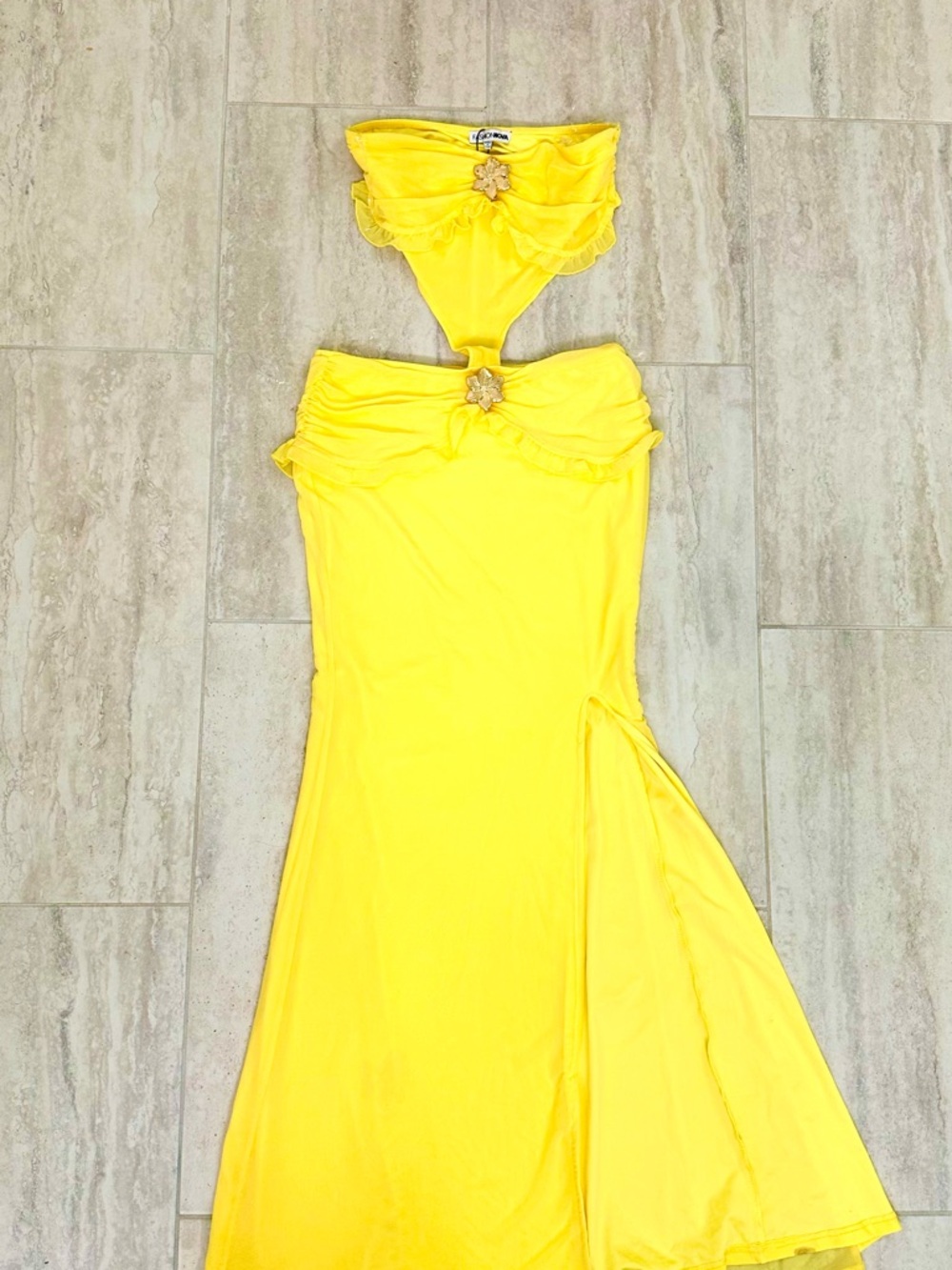 Fashion Nova Bright Yellow Strapless Dress with Floral Brooch